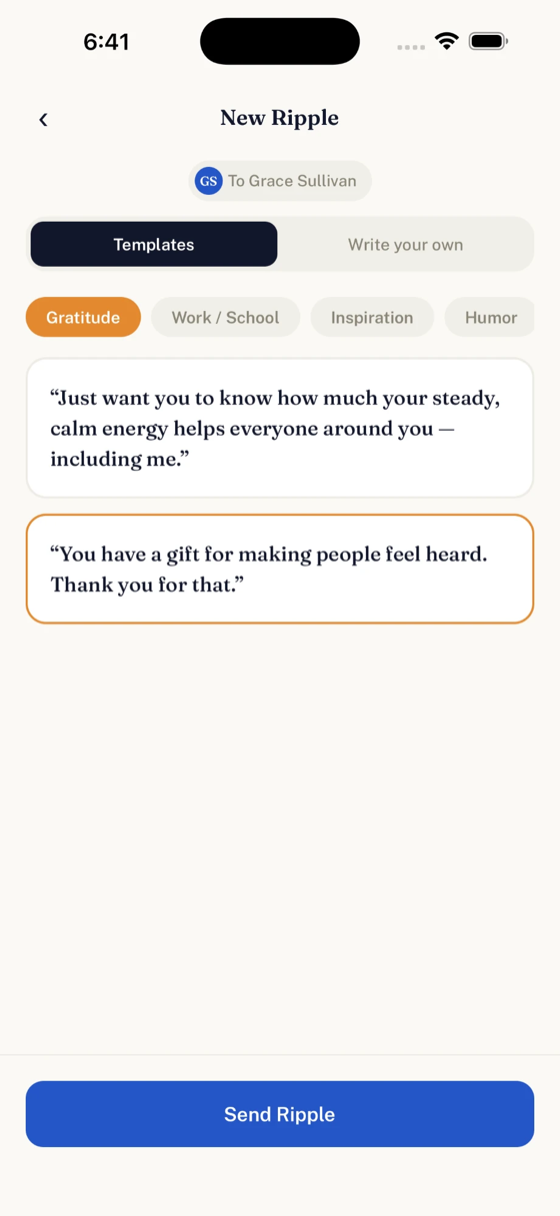 Writing a Ripple, choosing from gratitude message templates