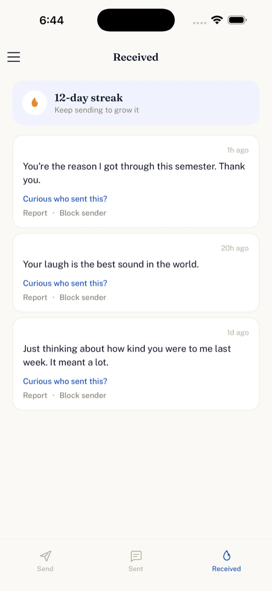 The Received tab, with report and block on every message