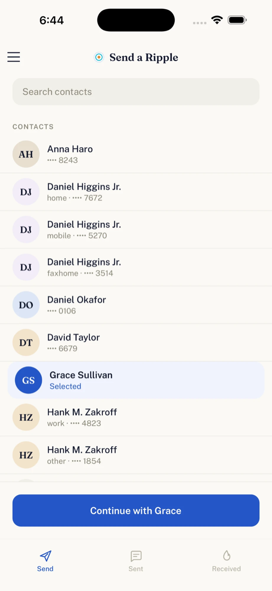 Choosing a contact to send a Ripple to